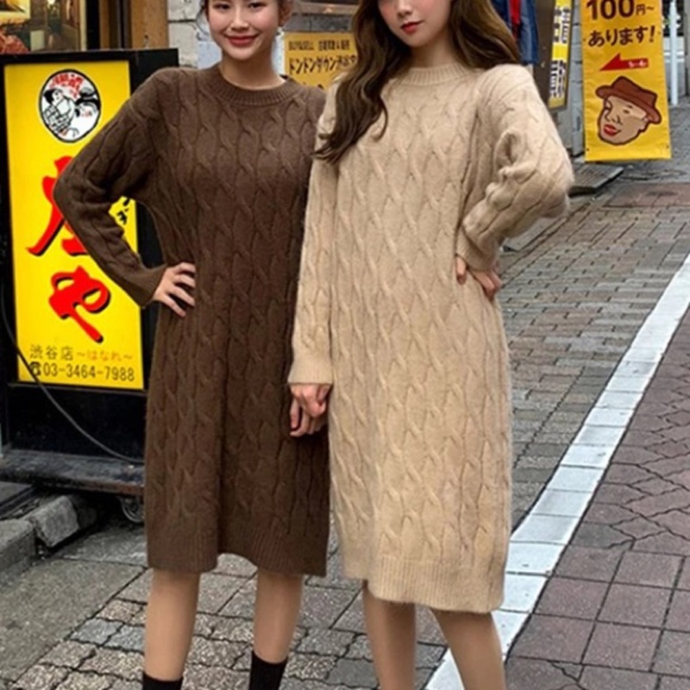 Sweater dress cable knit womens khaki beige cream - Picture 3 of 4